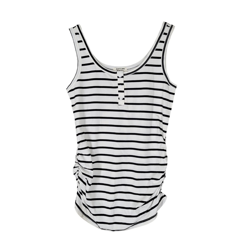 Heart & Hips Henley Tank Top Women Small White Black Striped Ruched